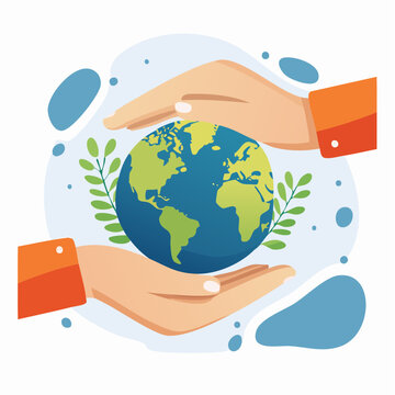 Hands cupped around planet earth with leaves signifying earth conservation