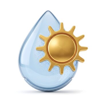Glossy water drop with golden sun icon, 3D weather forecast symbol, blue liquid droplet and metallic sun element for climate and nature concepts