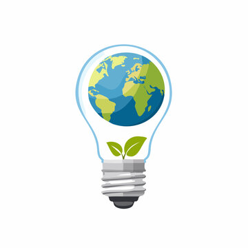 Globe inside a glowing light bulb with green leaves representing sustainable