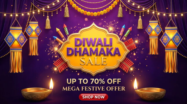 Diwali Dhamaka Sale Banner with Hanging Lanterns, Diyas, Firecrackers and Festive Discount Offer