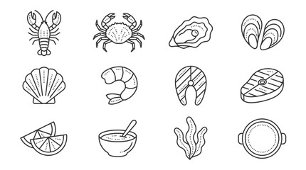 Line art icons of seafood and kitchen ingredients. © Yulia