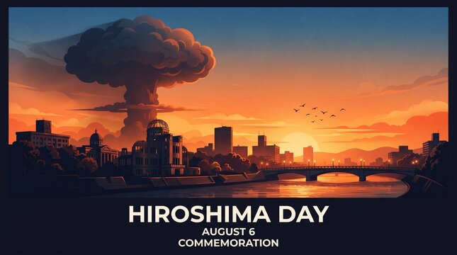 Hiroshima day memorial illustration featuring city skyline and mushroom cloud