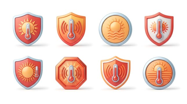 Sun protection shield icons with thermometers, 8 3D heat safety badges for UV rays and high temperature, orange and red solar defense symbols