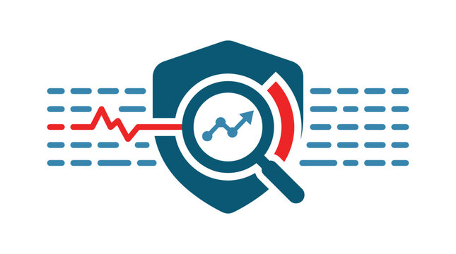 Magnifying glass analyzing stock market chart in shield icon.