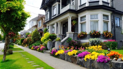 Obraz premium Beautifully Landscaped Residential Street with Colorful Flowers and Elegant Homes.
