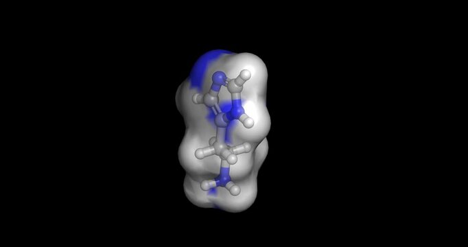 Histamine, natural chemical for immune response and allergy signaling, 3D molecule spinning, 4K