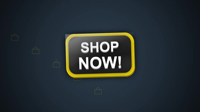 Black Shop Now Button with Yellow Border and Shopping Bag Icons on Dark Background
