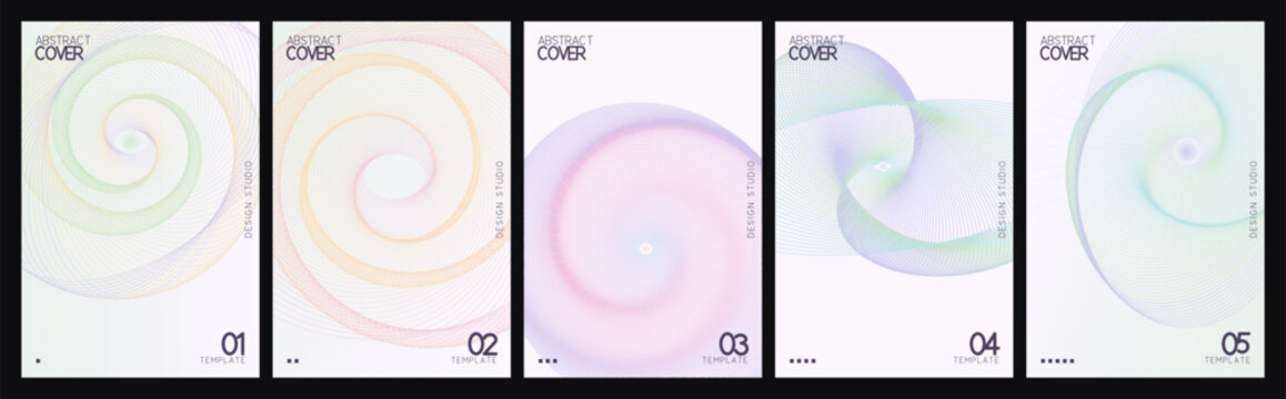 Minimalist abstract spiral cover set, pastel gradient line art posters, collection of 5 aesthetic vector backgrounds for brochure and branding