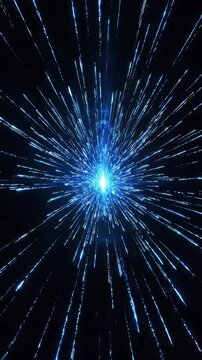 Abstract blue light rays exploding from central core in dark space. Vertical video with tilting camera movement.