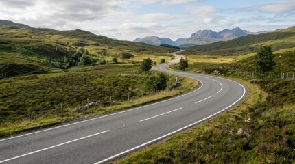 Obraz premium Winding Mountain Road Through Grassy Highlands Scenic Journey Towards Distant Peaks