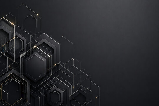 Abstract luxury black background with gold geometric hexagons, modern technology lines, high-end copy space layout.