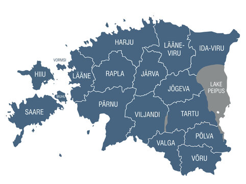Detailed administrative map of Estonia showing county regions, borders, and Lake Peipus