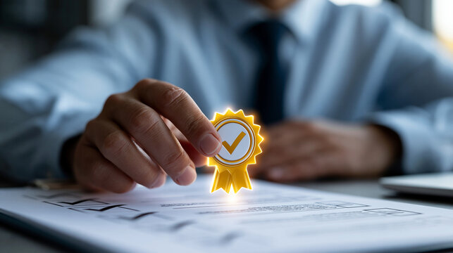 Faceless businessman approving a quality checklist with a glowing medal and checkmarks during a business meeting, with copy space
