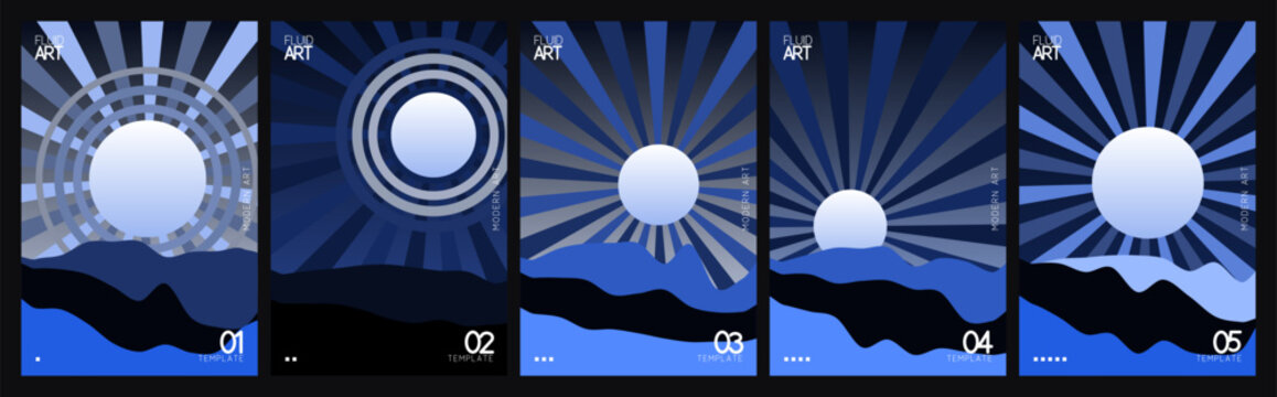 Abstract blue landscape poster set, 5 minimalist sunburst vector illustrations, geometric mountain sunrise backgrounds with radial sun rays