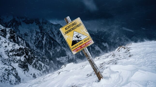 Winter Hazard Warning Sign Amidst Snowy Mountain Avalanche Danger