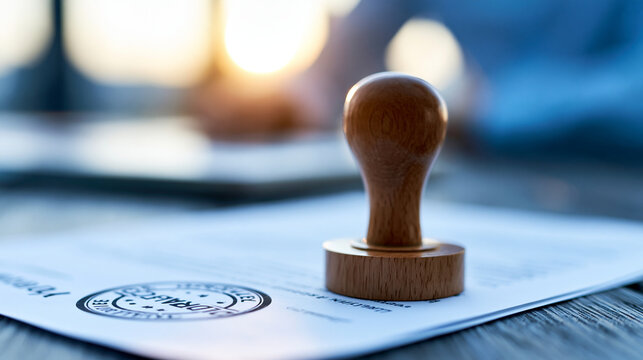 Softly glowing certification stamp above a bright quality guarantee document, defocused background, calm business concept, with copy space
