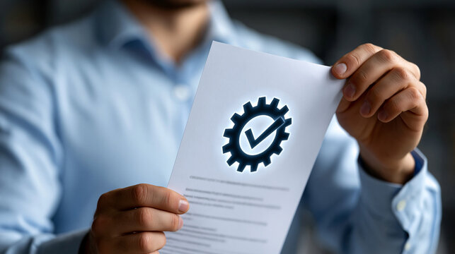 Faceless businessman holding a document with a glowing gear checkmark, quality assurance and standards certification concept, with copy space