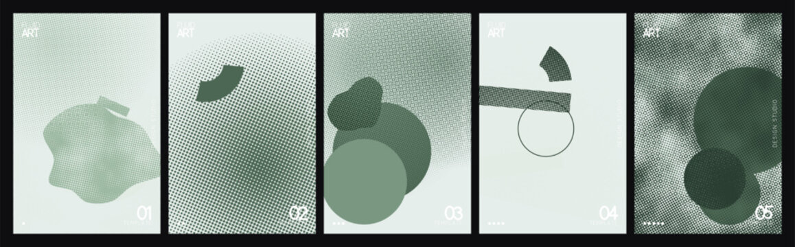 Abstract sage green poster collection with 5 vector templates, minimalist geometric shapes on blurred gradient backgrounds, modern organic art set