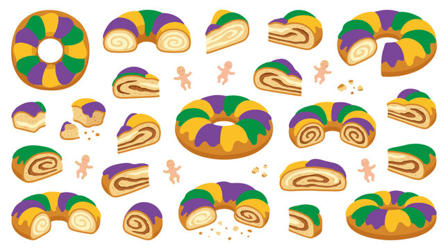 Set of mardi gras king cake icons with purple yellow green icing and plastic baby figurines, festive holiday bakery food celebration elements