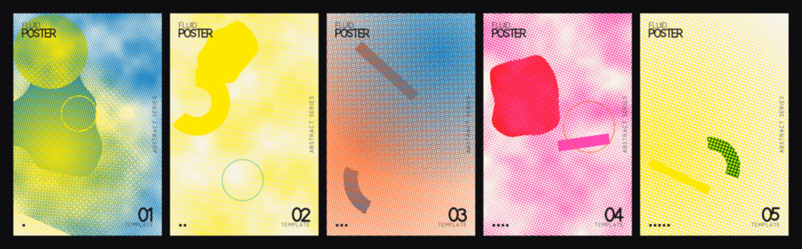 Abstract gradient poster set with grainy textures, collection of 5 colorful blurry backgrounds, modern minimalist flyer templates with organic shapes