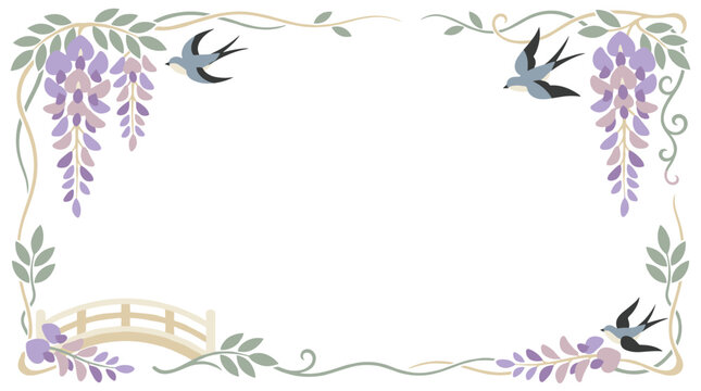 East asia style floral frame with wisteria flowers, swallow birds and small bridge, elegant botanical border, traditional oriental decorative vector