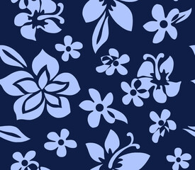 Fototapeta premium White Floral Pattern on Dark Blue Background Vector Seamless Repeat Illustration