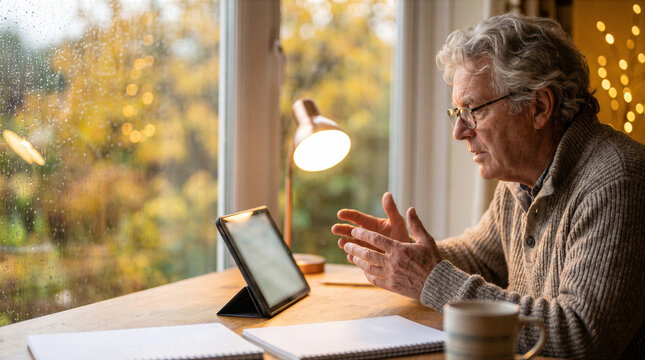 Senior man having a telemedicine consultation on a tablet beside a rainy autumn window. Remote healthcare, seasonal illness support and copy space concept.