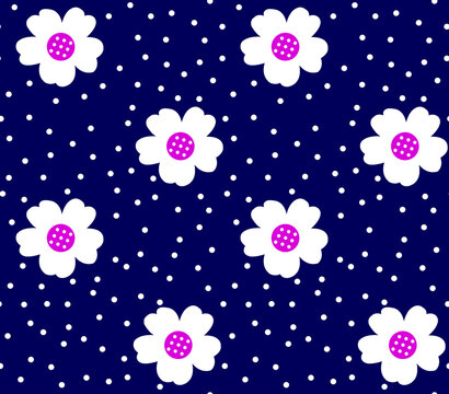 Pink cherry blossom flowers with yellow centers scattered on dark blue starry background pattern
