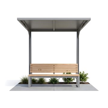 Modern bus stop shelter with wooden bench, minimalist public transport station on white background, urban street furniture with metal roof