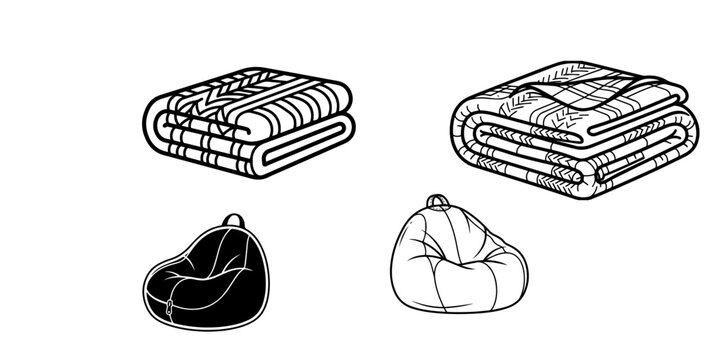 A collection of hand drawn furniture icons featuring folded blankets and comfortable bean bag chairs for home decor
