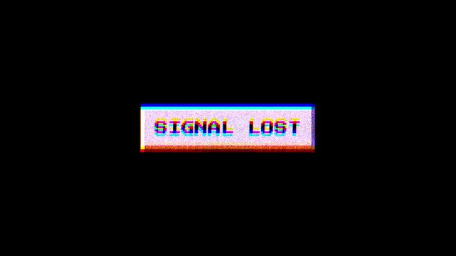 A pixelated 'Signal Lost' message with a strong visual glitch effect on a dark background, representing digital disruption, technical malfunction, and network disconnection