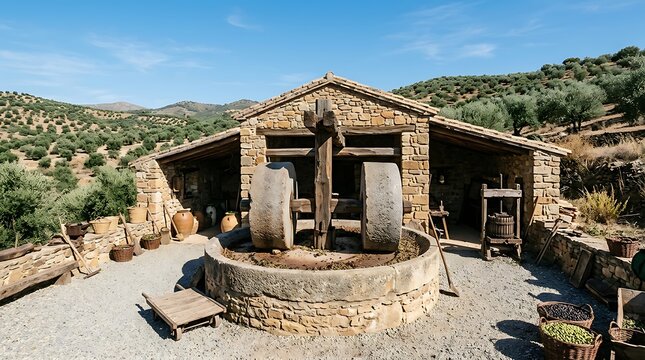 Traditional stone olive oil mill in a mediterranean landscape