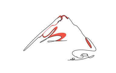 Continuous line drawing of an erupting volcano threatening a small house and livestock. Conceptual illustration of a natural disaster for environmental and news blogs, as well as insurance companies.