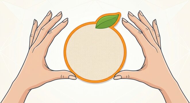 Two human hands holding a blank paper note in orange fruit shape with leaf, copy space vector frame for text isolated on plain background