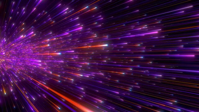Abstract dynamic motion graphic of neon purple and orange light streaks flying at high speed across the screen creating a digital warp speed effect