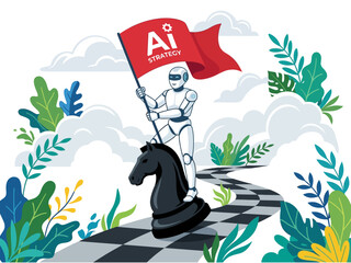 A futuristic robot riding a chess knight piece holding an AI strategy flag on a path. © borneo
