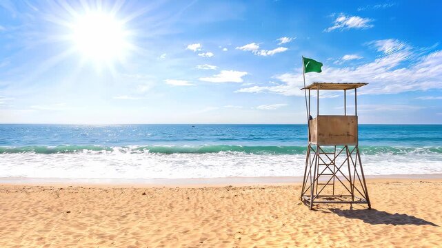 Lifeguard tower standing on sandy beach under bright summer sun. Tropical coastline with turquoise ocean waves and green safety flag. Panning wide shot.