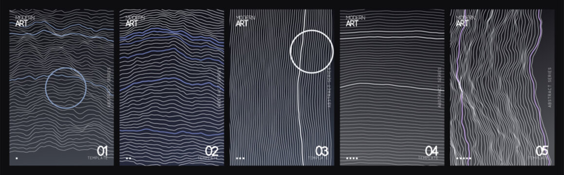 Futuristic abstract wave line textures, set of 5 dark blue and grey digital backgrounds, topographic wireframe mesh patterns for UI design