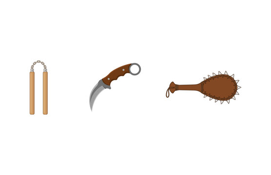 Vector set of traditional melee weapons including nunchaku karambit curved knife and spiked club