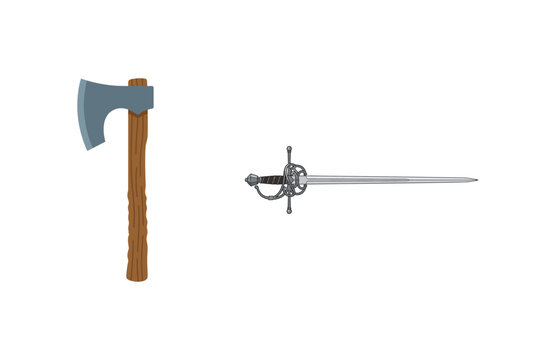 Medieval battle axe and steel rapier sword vector illustration isolated on white background