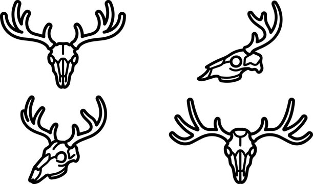 Deer skull vector set with stylized antlers in minimalist line art