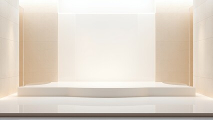 Fototapeta premium Empty stage. Minimalist design. Bright lighting highlights platform. Clean lines, neutral tones create modern space. Focus on presentation area.