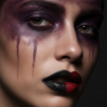 Dramatic makeup portrait with dark colors and artistic expression, concept of transformation