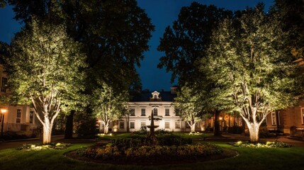 Fototapeta premium Elegant Mansion Illuminated at Night with Fountain and Lush Trees.