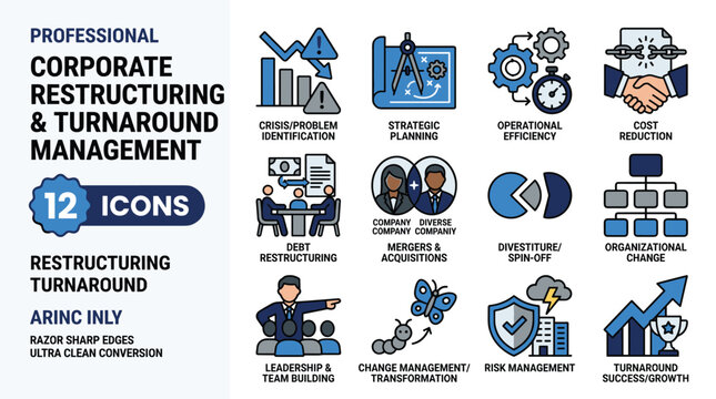 Pixel Art Icons For Corporate Restructuring And Turnaround Management Services