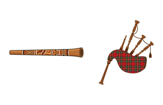 Traditional folk musical instruments including bagpipes and a carved wooden wind instrument