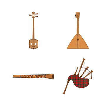 Set of traditional world instruments including balalaika, didgeridoo, and bagpipes