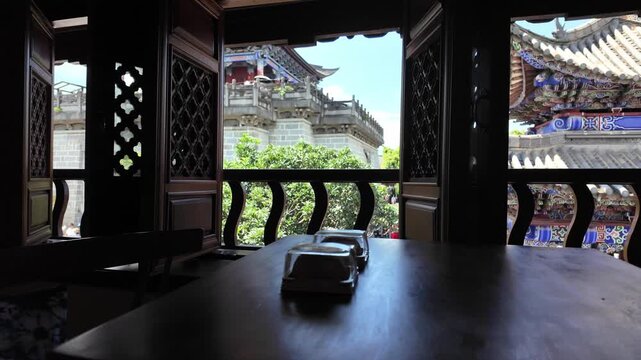Wuhua Tower Revealed Through Traditional Window Frame in Dali Ancient Town, Yunnan, China, Historic Architecture