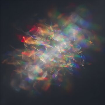 어두운 공간 속에서 무지개 빛깔의 프리즘 광채가 찬란하게 뿜어져 나오는 화면
A screen where rainbow-colored prism radiance bursts brilliantly in a dark space