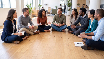 Fototapeta premium Diverse business team sitting on floor in a circle, engaged in informal discussion.
